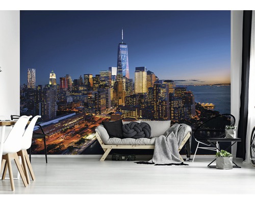 Woonkamer met fotobehang van New York bij nacht