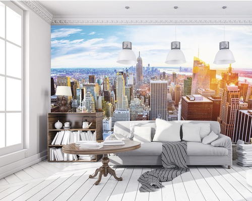 Woonkamer met fotobehang van een New Yorks stadsgezicht