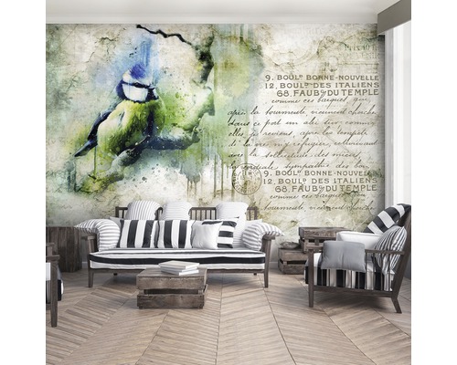 Woonkamer met een fotobehang met vogelmotief en belettering