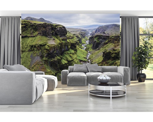 Woonkamer met fotobehang van een groene kloof