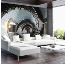 Woonkamer met fotobehang van een wenteltrap