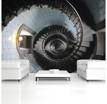 Wandafbeelding van een wenteltrap in een woonkamer