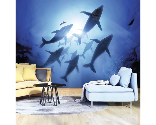 Woonkamer met foto van onderwater met walvissen