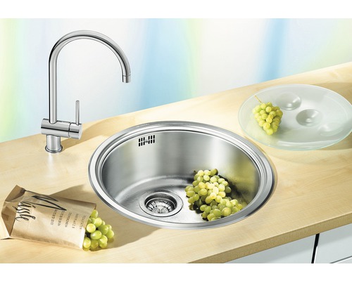 Roestvrijstalen aanrechtspoelbak met kraan en druiven