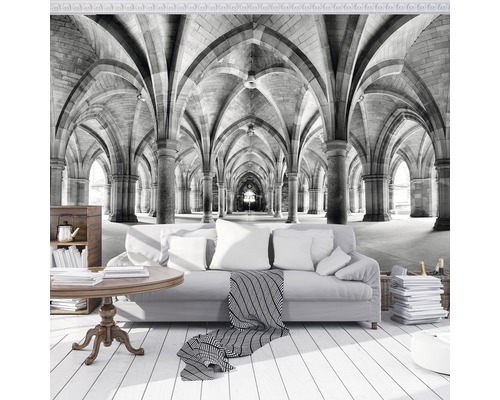Woonkamer met fotobehang van een zuilengalerij
