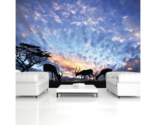 Woonkamer met fotobehang dat gazellen voor een schemerlucht toont