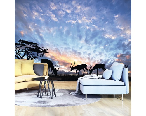 Woonkamer met fotobehang met Afrikaans landschap, inclusief silhouet van antilopen