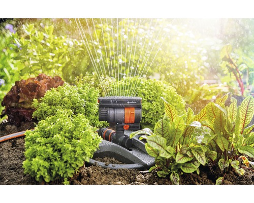 Gardena gazonsproeier in gebruik voor tuinirrigatie tussen planten