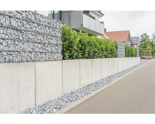Gabionenmuur met stenen en betonnen muur als perceelgrens.