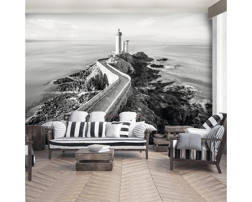 Fotobehang met vuurtorenmotief in een woonkamer