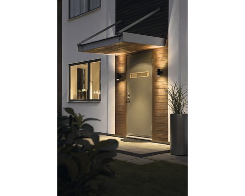 Entree van een huis met voordeur, verlichting en afdak.