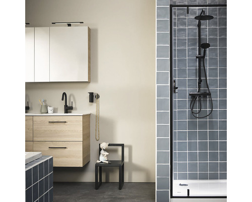 Badkamer met wastafelmeubel, spiegelkast, douche en kinderstoel