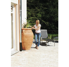 Vrouw geeft planten water in een terracotta plantenbak op een terras.