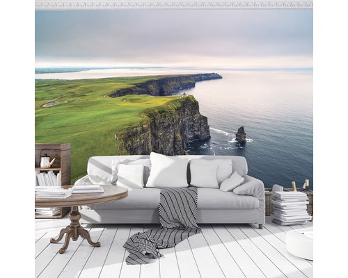 Woonkamer met foto van Iers kustlandschap op behang, bank, tafel en decoratie