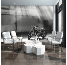 Woonkamer met fotobehang, fauteuils, salontafel en motorfiets