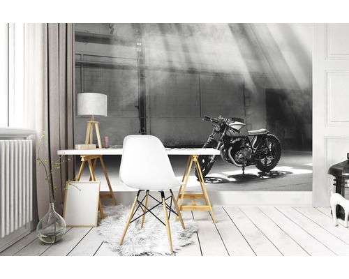 Moderne werkkamer met fotobehang van een motorfiets