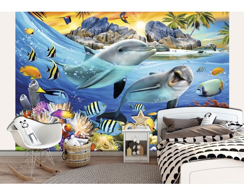 Kinderkamer met fotobehang met dolfijnen en onderwatermotieven