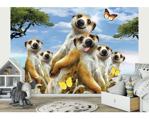 Kinderkamer met een fotobehang met een thema van stokstaartjes, wat een vrolijke en levendige sfeer creëert
