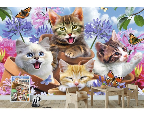Fotobehang met kittens in bloempotten en vlinders