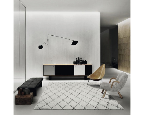 Moderne woonkamer met tapijt, dressoir, wandlamp en zitgelegenheid.