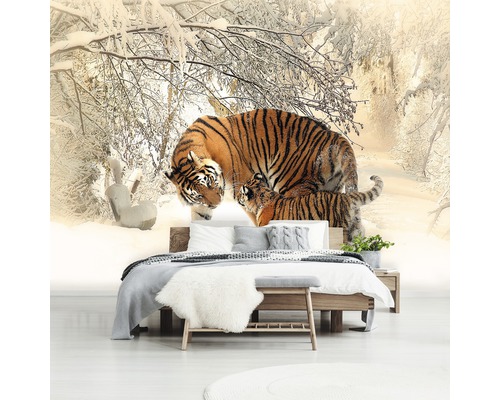 Slaapkamer met fotobehang met twee tijgers in een besneeuwd bos
