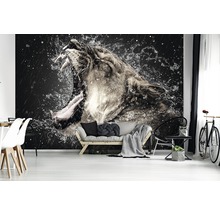 Woonkamer met fotobehang van een leeuw