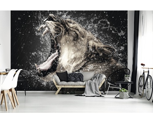 Woonkamer met fotobehang van een leeuw