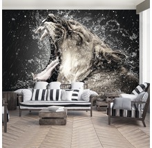 Woonkamer met fotobehang van een brullende leeuw