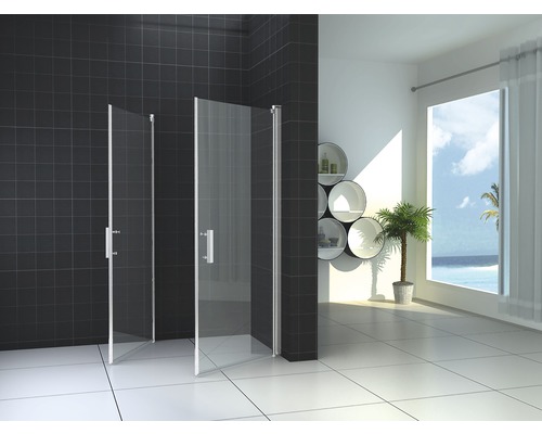 Douchecabine vierkant dubbele douchedeur Clear Nano 90x200 cm Badkamer met glazen douchecabine, witte vloertegels en decoratie