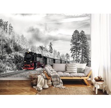 Wanddecoratie met treinmotief in een woonkamer met sofa en houten vloer