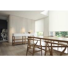 Lichte kamer met eettafel, stoelen, kastenwand en rolgordijnen voor de ramen