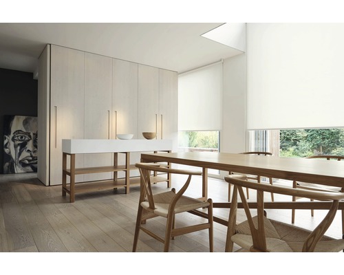 Lichte kamer met eettafel, stoelen, kastenwand en rolgordijnen voor de ramen