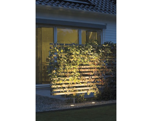 Verlichte houten schutting met planten in de tuin
