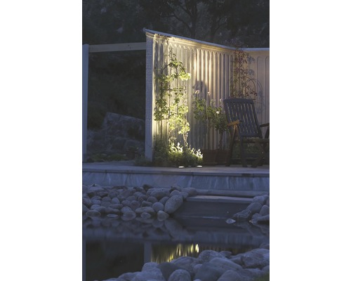 Verlichte tuin met vijver, planten en zitje in de nacht.