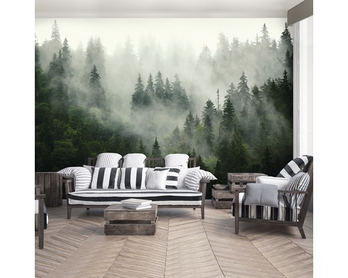 Woonkamer met fotobehang van een mistig bos, met bijpassende gestreepte meubels