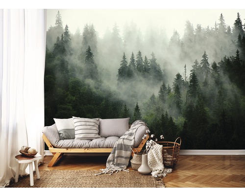 Woonkamer met fotobehang van een mistig bos, bank en decoraties