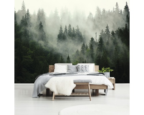 Slaapkamer met fotobehang van een mistig bos