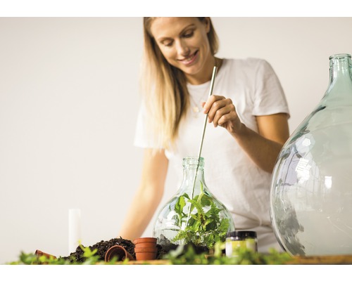 Vrouw beplant glazen ballon met aarde en planten