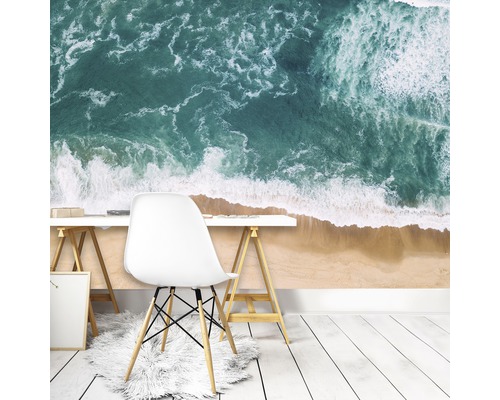 Kamer met fotobehang van een zeegezicht, bureau en stoel