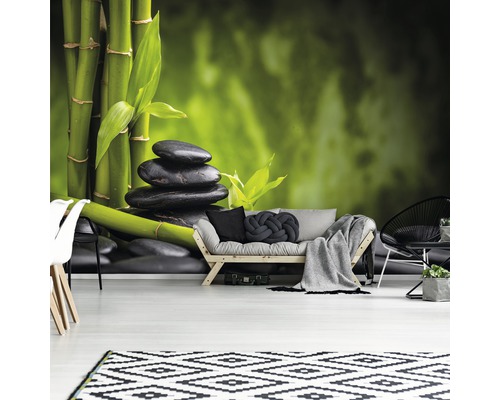 Woonkamer met fotobehang bamboe en stenen