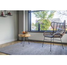Woonkamer met rotan stoel, houten bijzettafel en grijs tapijt.