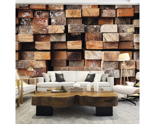 Woonkamer met fotobehang in houten blokken design