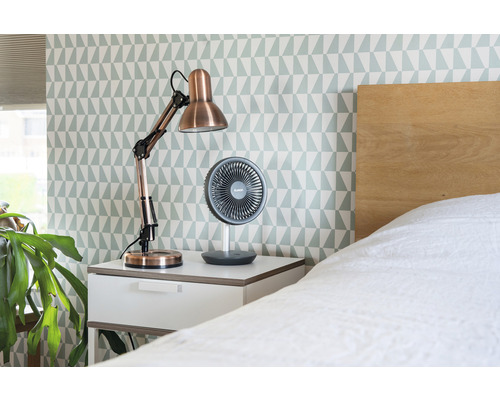 Nachtkastje met bureaulamp en ventilator in de slaapkamer.