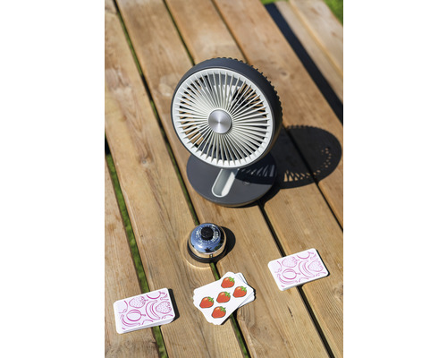 Tafelventilator, spelschel en kaarten met aardbeimotieven op een houten tafel