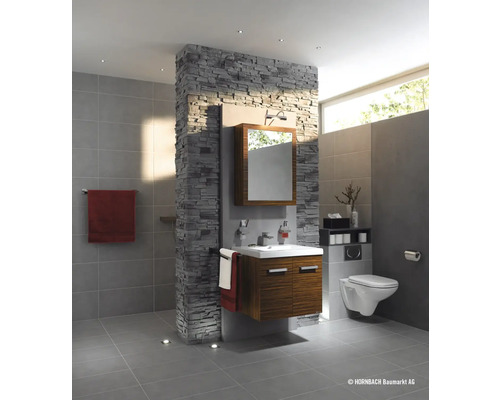 Badkamer met wastafel, spiegel, toilet en wandbekleding met steenlook