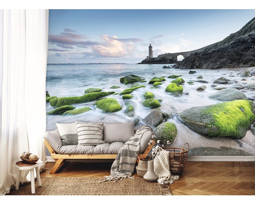 Fotobehang met kustmotief, vuurtoren en stenen