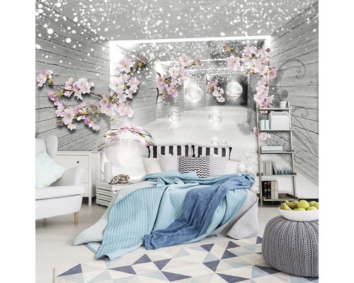 Slaapkamer met fotobehang met kersenbloesemmotief, bed en meubels