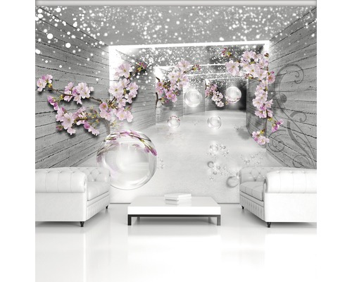 Decoratief fotobehang met bloemmotief, bollen en lichte tunnel