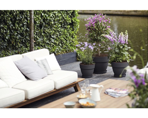 Terras met plantenbakken, zithoek en begroeiing