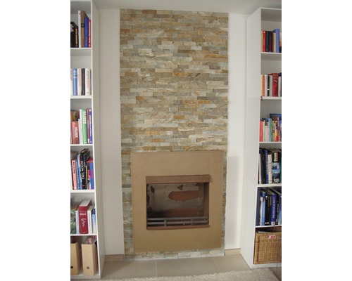 Woonkamer met open haard en boekenkasten